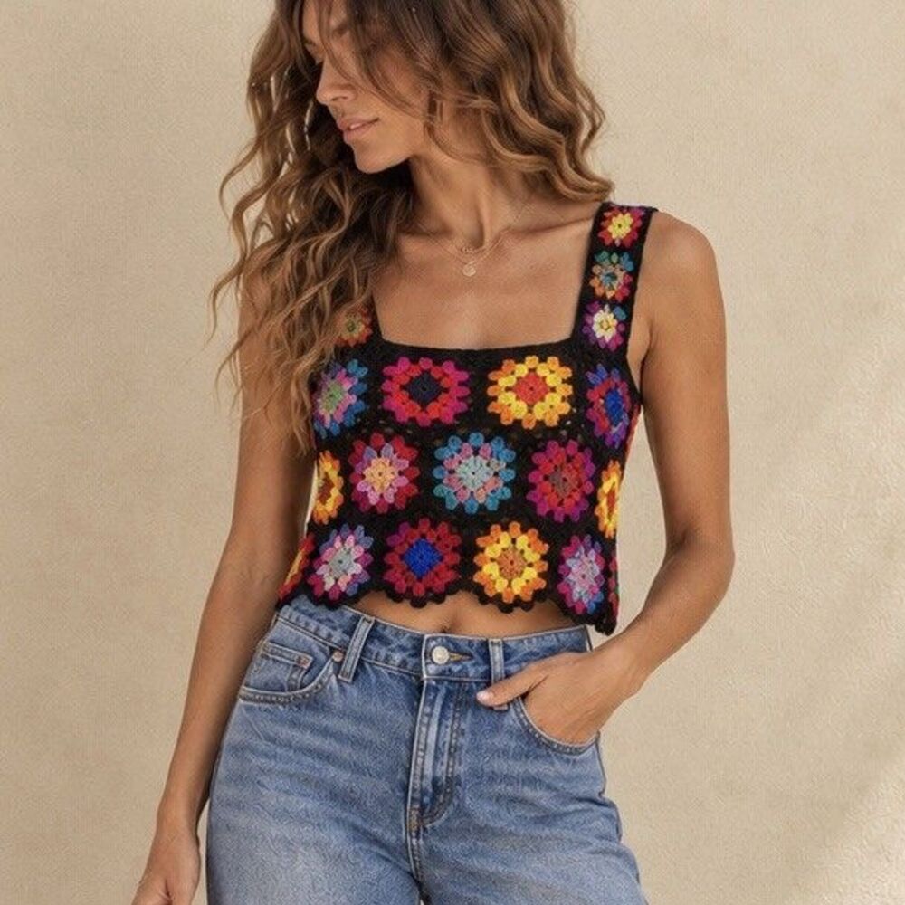 FARM Rio Womens M Crochet Flowers Crop Top Black Multicolor Granny Square Lined